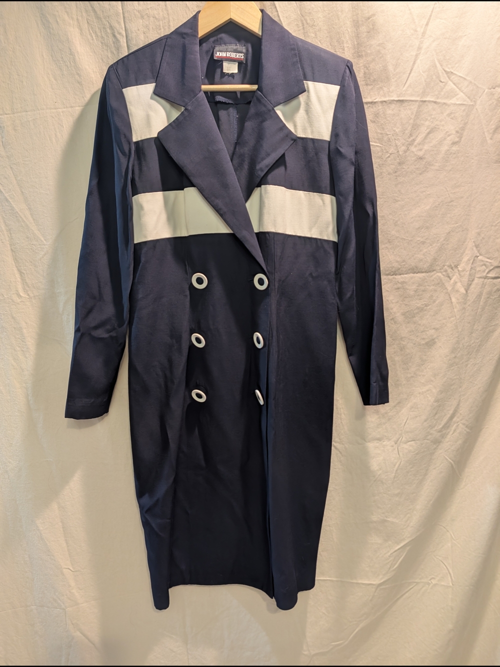 Vintage Double-Breasted Navy and White Trench Coat by John Roberts